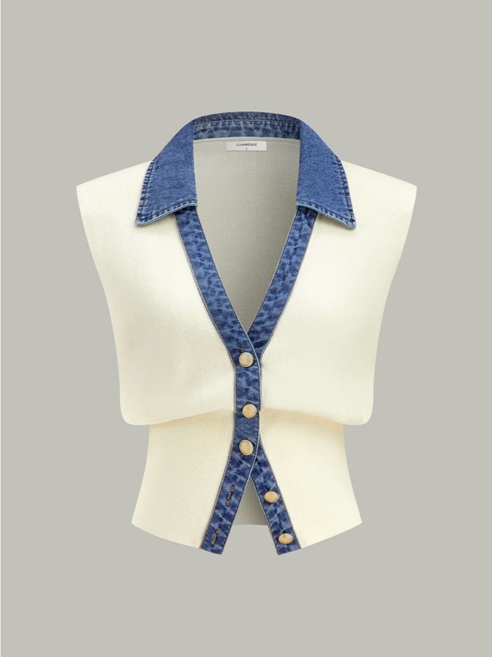 Commense Cream Knit Vest with Blue Denim Trim